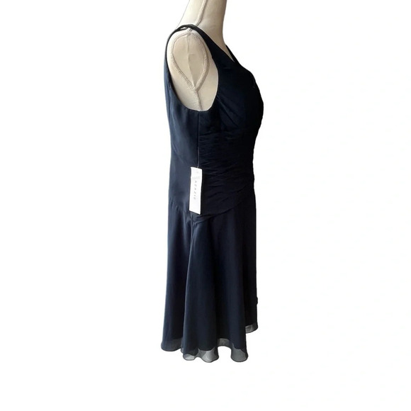 Azazie (NWT) Annabella Midi Length Dark Navy Blue V-Neck Sleeveless Dress Sz 14 - Picture 4 of 12